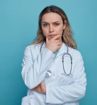 joven doctora con bata blanca y un fonendo al cuello dudando poniendo su mano en la barbilla